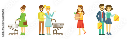 Man and Woman at Supermarket and Grocery Store Shopping Vector Set