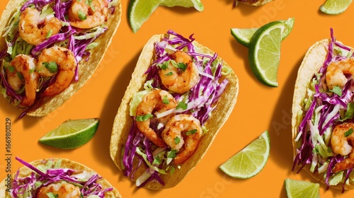 Wallpaper Mural Shrimp tacos, lime slices, vibrant orange background Torontodigital.ca