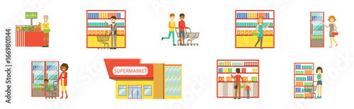 Man and Woman at Supermarket and Grocery Store Shopping Vector Set