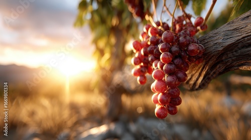 A close-up of clusters of ripe grapes hanging from a vine, illuminated by the warm glow of a beautiful sunset, creating a serene and inviting scene in nature's vineyard.