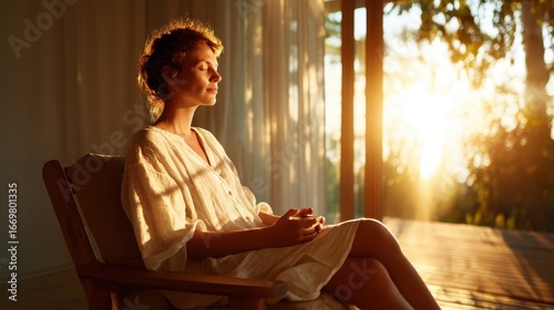 A serene young woman in a light robe practices meditation in a sunlit room, surrounded by warm rays of sunlight that enhance the tranquil atmosphere and inner peace.