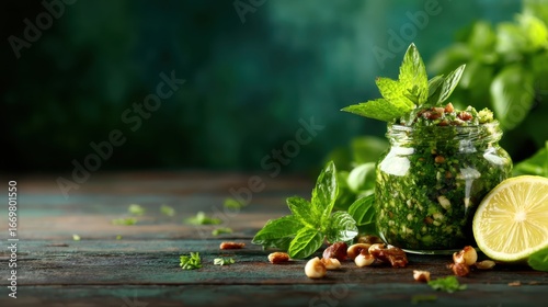 A vibrant jar of fresh green herb sauce displays the rich textures and colors of blended herbs, nuts, and lemon, ready to elevate any meal with its zesty flavor.