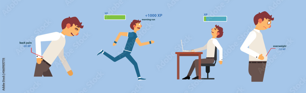 Office Syndrome Man Infographics Template Vector Set Office Syndrome Man Infographics Template Vector Set