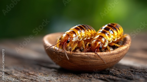 An exquisite close-up of two golden insects in a wooden bowl, showcasing their vibrant colors and intricate details against a blurred green background.