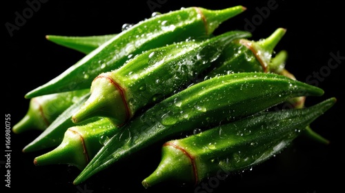 A stunning close-up of fresh green okra pods adorned with glistening water droplets, highlighting their vibrant color and natural texture against a dark background.