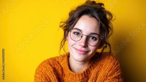 A cheerful young woman with a warm smile poses against a bold yellow background, exuding positivity and confidence in her stylish orange sweater and glasses.