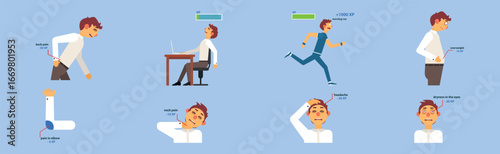 Office Syndrome Man Infographics Template Vector Set