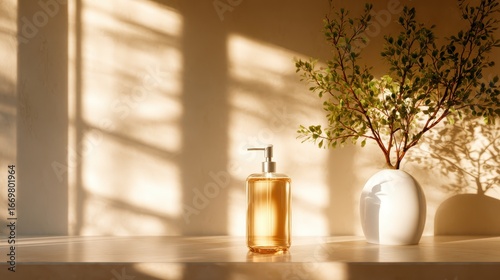 A minimalist scene of a stylish soap dispenser illuminated by soft sunlight, creating a serene atmosphere perfect for modern interior design and tranquility in the home.