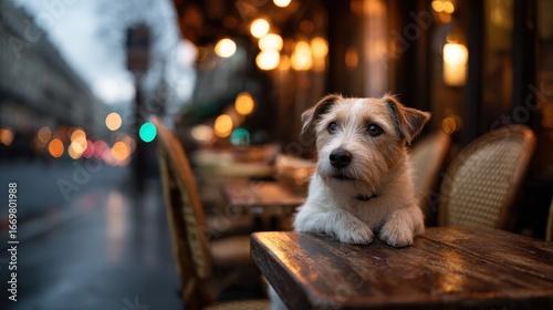 A charming dog rests its head on a table at an outdoor café, surrounded by warm bokeh lights, capturing the essence of urban life and companionship in a picturesque setting.
