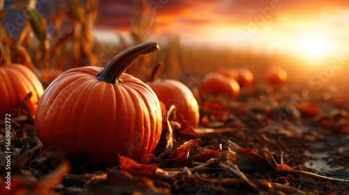 This stunning image showcases vibrant orange pumpkins resting on the ground, in a picturesque autumn setting illuminated by the warm glow of a sunset with golden hues.