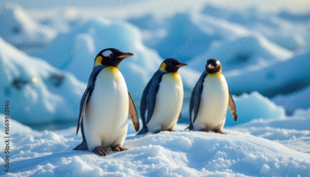 Naklejka premium create a visually striking image featuring penguins perched on icy terrain, the penguins should be the main focus of the position