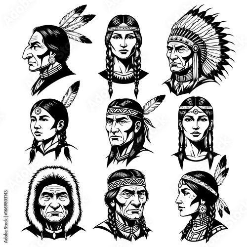 Collection Of Native American Chiefs And Portraits With Headdresses In Black And White