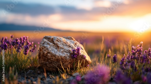 A picturesque lavender field captures the serene beauty of nature at sunset, with a textured rock adding contrast amidst vibrant purple blossoms and a warm sky.