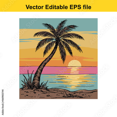 Palm tree silhouette against a colorful sunset over the ocean