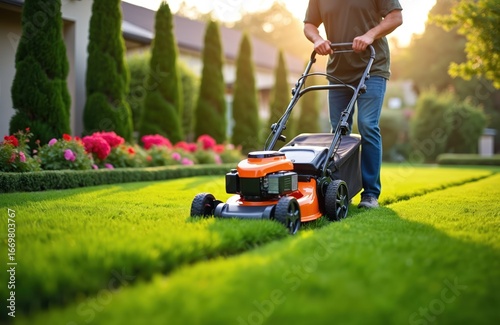 Professional landscaper trims vibrant green lawn with orange mower. Neat garden beds with pink flowers, manicured hedges, cypress trees surround property. Sunny summer day, backyard upkeep for home