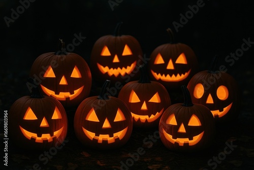 Glowing jack-o'-lanterns in darkness.