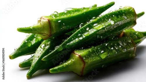 This vibrant image showcases fresh green okra pods gleaming with water droplets, highlighting their freshness and nutritional value, perfect for culinary contexts and health-focused dishes.