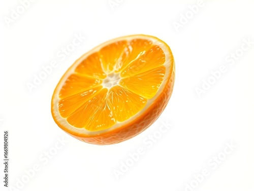 A single, vibrant orange half floating gracefully against a clean white background. This image is perfect for healthy food, vitamin, and summer-themed projects, conveying a sense of freshness.