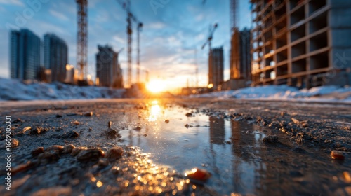 A beautiful sunset reflecting off a puddle at a construction site, capturing the serene contrast between nature and urban development in a captivating manner.