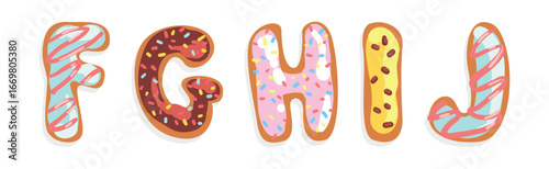 Donut Font with Sweet Sugar Glazing and Sprinkles Vector Set