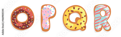 Donut Font with Sweet Sugar Glazing and Sprinkles Vector Set