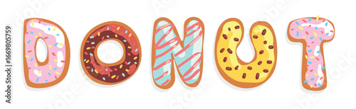Donut Font with Sweet Sugar Glazing and Sprinkles Vector Set