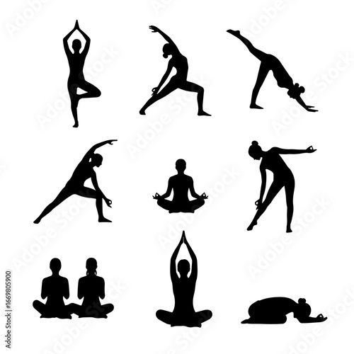 silhouettes of yoga poses
