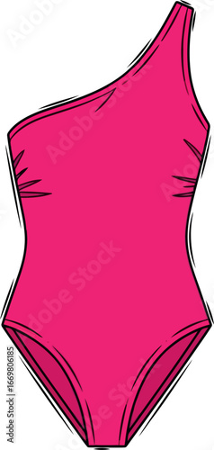 Vibrant pink one-shoulder swimsuit fashion sketch summer beachwear style vector