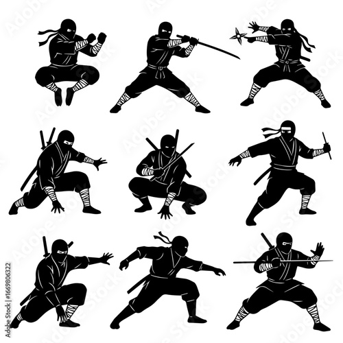 Dynamic Ninja Combat Silhouettes: Martial Arts Poses, Sword Skills, Stealthy Warrior Action Scenes