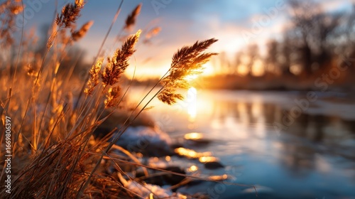 A tranquil sunset reflecting on the water, framed by golden grass, evokes feelings of warmth, peace, and serenity, perfect for nature lovers and landscape photography enthusiasts.
