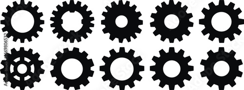 Black gear icons set, industrial machinery parts abstract mechanical illustration, automotive components