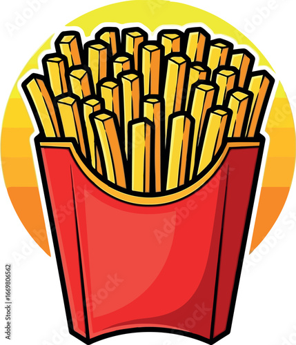 Crispy golden french fries in red paper carton fast food meal illustration vector