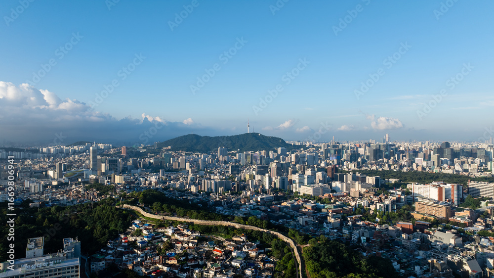 Obraz premium Aerial view of Seoul and the cityscape from Namsan Tower, Naksan Park, Dongdaemun