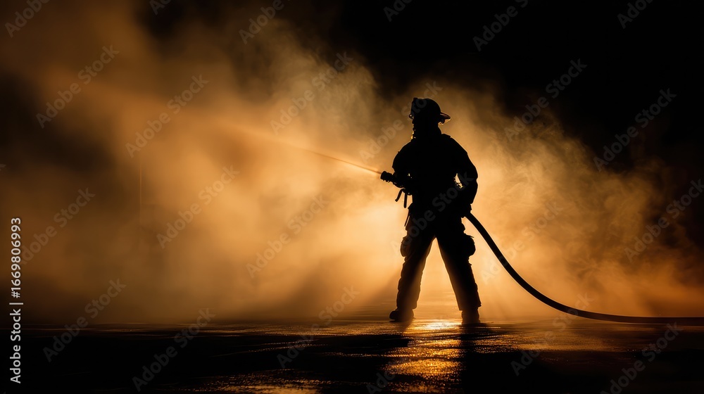 Naklejka premium The silhouette of a firefighter wearing protective gear at work. His serious working attitude highlights the intensity and danger of firefighting.