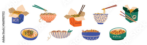 Noodles in Bowl and Cardboard Box with Chopstick Vector Set