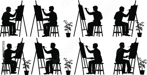 Artist silhouette vector, painter drawing on easel, man painting illustration, creative art design, sketching figure, black artwork concept, studio