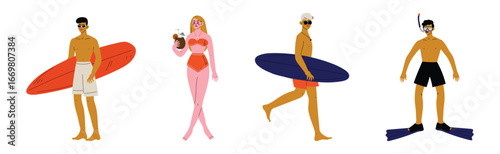 People Character on Beach in Summer Enjoy Outdoor Activity Vector Set