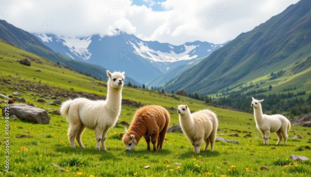 Fototapeta premium cute alpacas in the andes keywords: cute alpacas, peruvian andes, cartoon llama, snowy rocks, green meadow, white llama, andean guanaco
