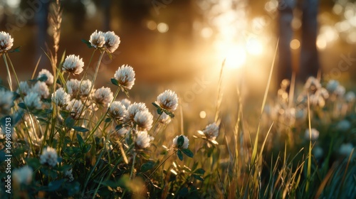 Delicate white clover flowers glisten in the soft glow of the setting sun, surrounded by lush green grass, embodying the tranquility and beauty of nature.