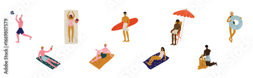 People Character on Beach in Summer Enjoy Outdoor Activity Vector Set