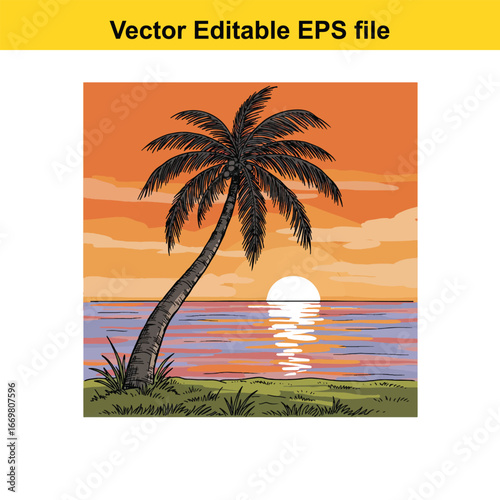Palm tree silhouette on tropical beach at sunset with ocean reflection