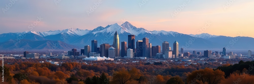 Obraz premium Denver skyline panorama, majestic mountain backdrop, landscape, wide shot