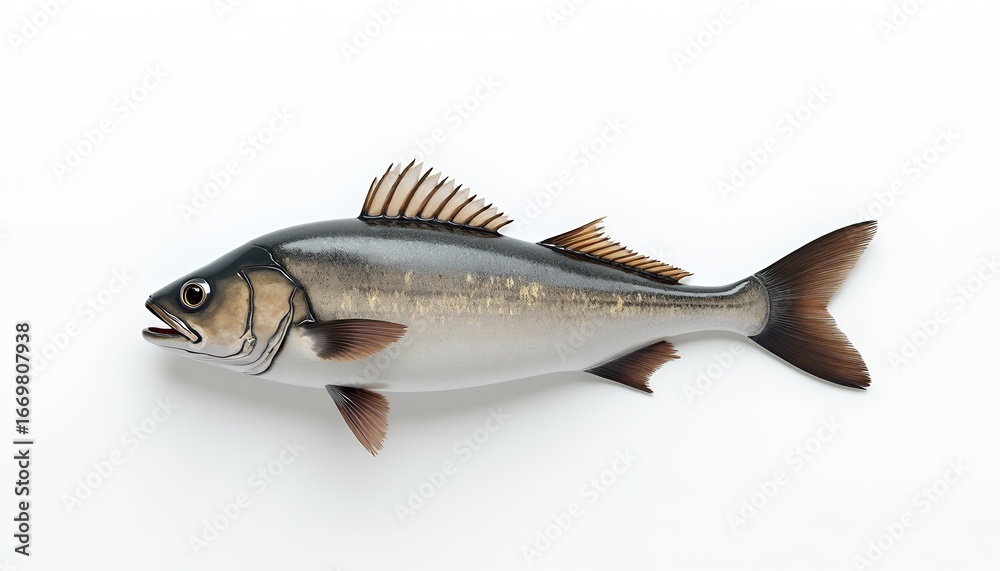 Naklejka premium Gray fish with brown fins and tail on white background silver