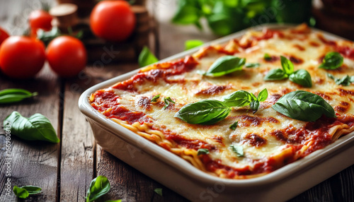 Delicious baked lasagna topped with fresh basil