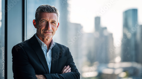 Confident executive business leader senior manager portrait office window city skyline natural light suit folded arms convey calm focus and authority in modern workplace setting