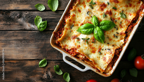 Delicious baked lasagna topped with fresh basil