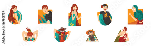 People Peeking and Looking Out of Shapes Vector Set