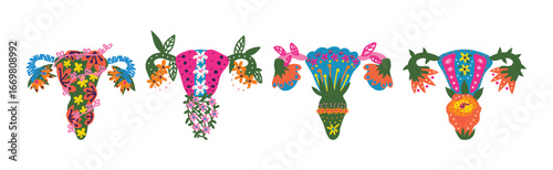 Healthy Female Reproductive System with Bright Flowers and Plant Vector Set