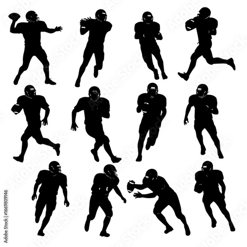 Silhouettes of Football Players in Action: Running, Throwing, Catching, Tackling, Dynamic Team Sports

