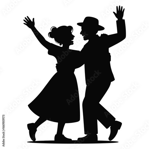 Joyful silhouette of a couple dancing and celebrating together in retro style
